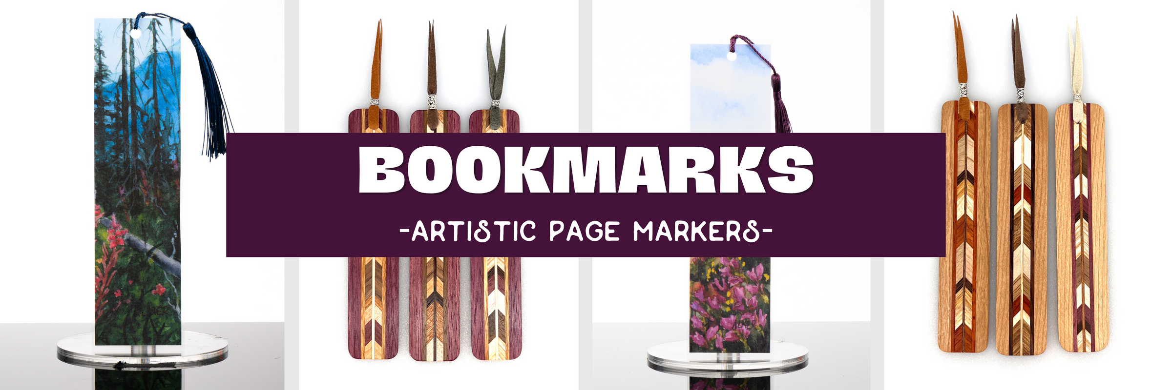 A banner image with watercolor and wood bookmarks reading Bookmarks, artistic page markers