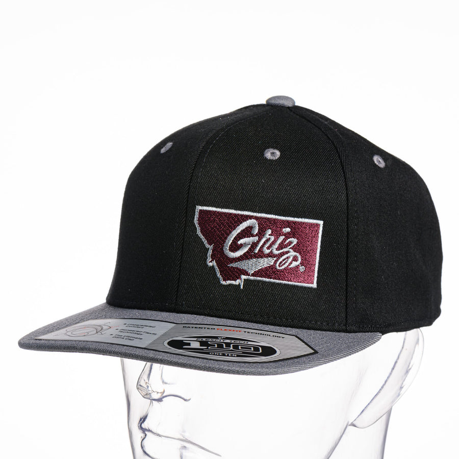 Blue Peaks Creative UM Grizzlies hat, Flexfit Montana Griz Script Flat Bill Hat, black w/ maroon & white embroidery