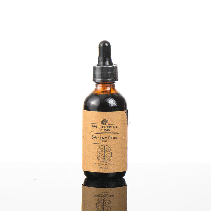 A 2oz bottle of Lion's Mane and Turkey Tail Extract by Swift Current Farms