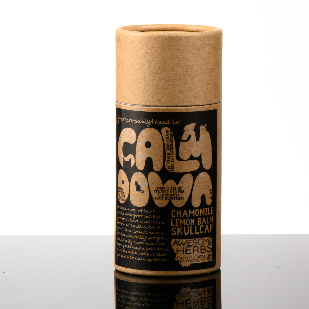 Awesome Herbs's Montana-grown loose leaf Calm Down herbal tea (tisane) in a brown Kraft tube--the perfect gift for a tea lover. 