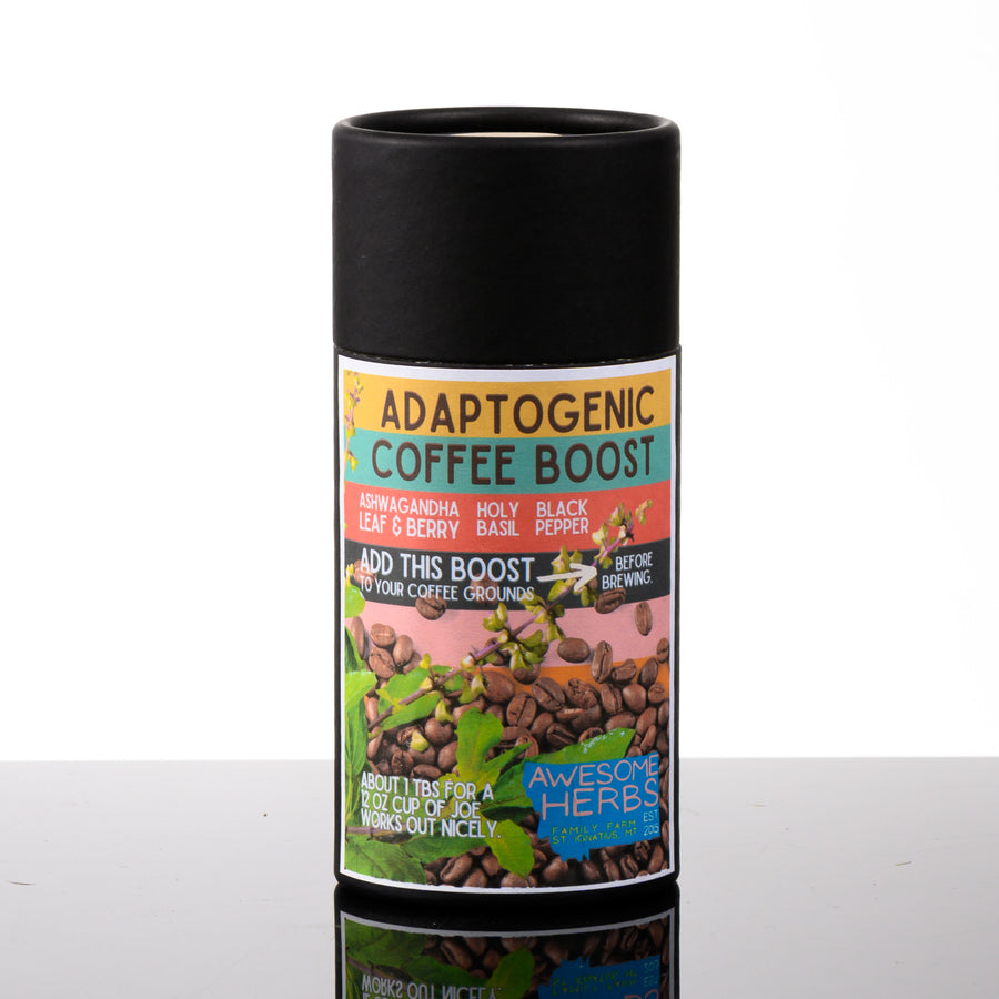 Awesome Herbs's Montana-grown Adaptogenic Coffee Boost (loose leaf herbal blend) in a brown Kraft tube--the perfect gift for tea and coffee aficionados.