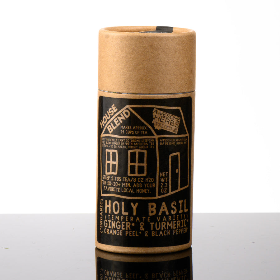 Awesome Herbs's Montana-grown loose leaf House Blend herbal tea (tisane) in a brown Kraft tube--the perfect gift for a tea lover. 