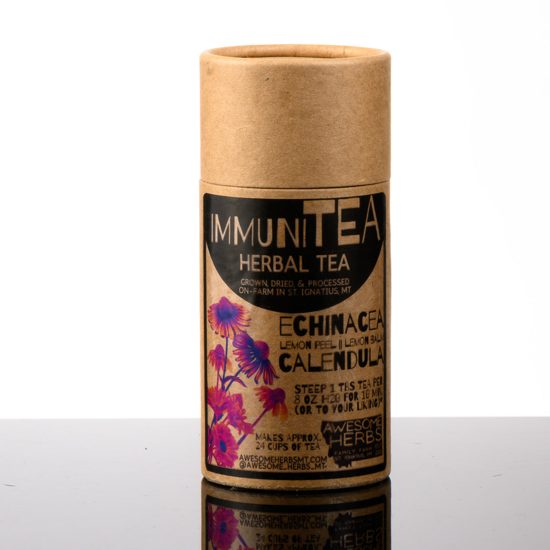 Awesome Herbs's Montana-grown loose leaf ImmuniTea herbal tea (tisane) in a brown Kraft tube--the perfect gift for a tea lover.