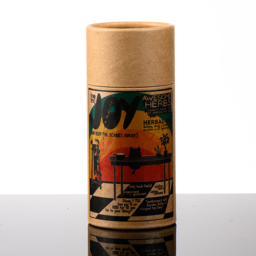 Awesome Herbs's Montana-grown loose leaf Take a Breath herbal tea (tisane) in a brown Kraft tube--the perfect gift for a tea lover.