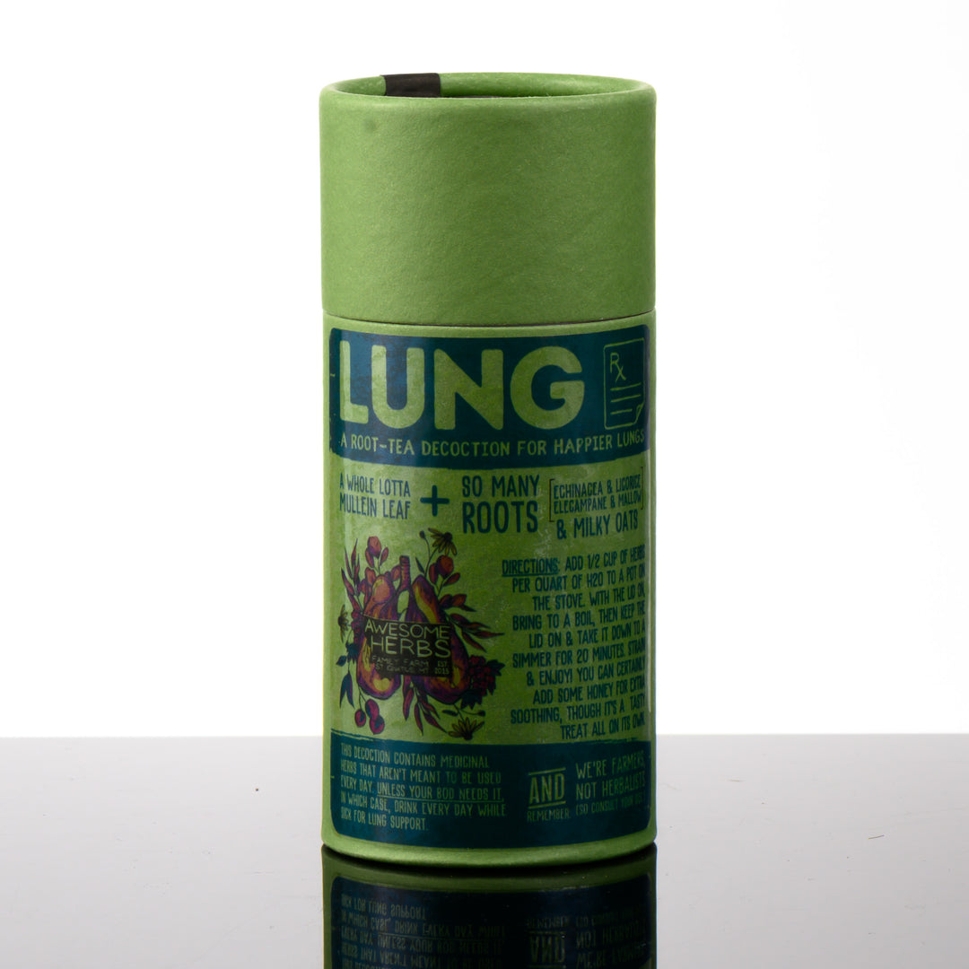 Awesome Herbs's Montana-grown loose leaf Lung Rx herbal tea (tisane) in a brown Kraft tube--the perfect gift for a tea lover.