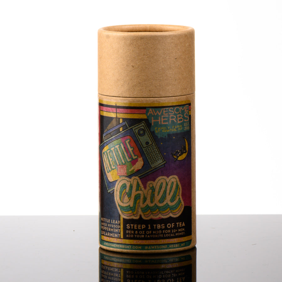 Awesome Herbs's Montana-grown loose leaf Nettle and Chill herbal tea (tisane) in a brown Kraft tube--the perfect gift for a tea lover.