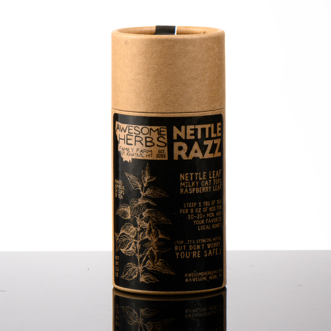 Awesome Herbs's Montana-grown loose leaf Nettle Razz herbal tea (tisane) in a brown Kraft tube--the perfect gift for a tea lover.