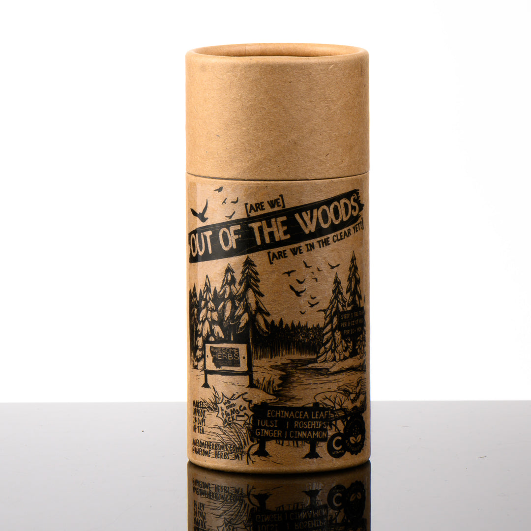 Awesome Herbs's Montana-grown loose leaf Out of the Woods herbal tea (tisane) in a brown Kraft tube--the perfect gift for a tea lover. 