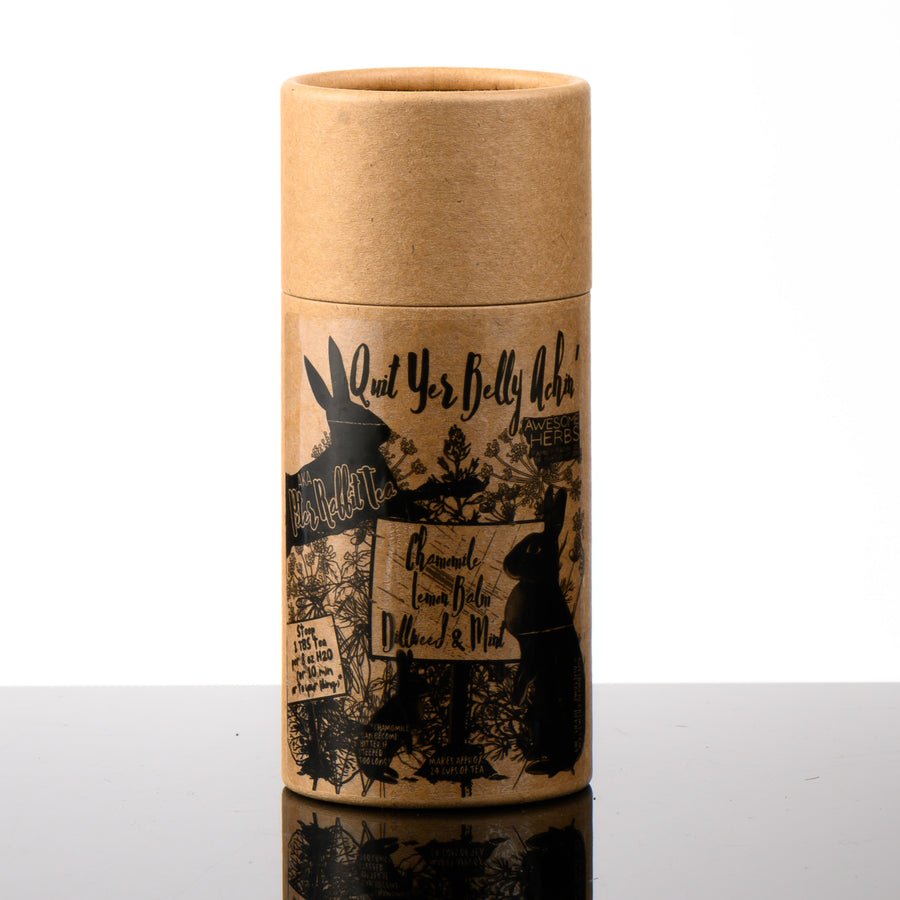 Awesome Herbs's Montana-grown loose leaf Quit Your Belly Achin' herbal tea (tisane) in a brown Kraft tube--the perfect gift for a tea lover.