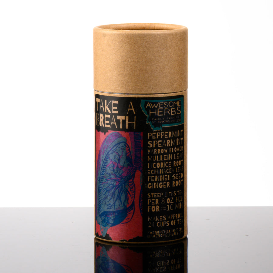 Awesome Herbs's Montana-grown loose leaf Take a Breath herbal tea (tisane) in a brown Kraft tube--the perfect gift for a tea lover.