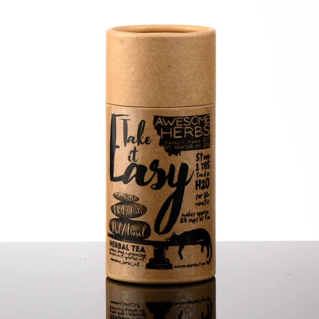 Awesome Herbs's Montana-grown loose leaf Take it Easy herbal tea (tisane) in a brown Kraft tube--the perfect gift for a tea lover. 