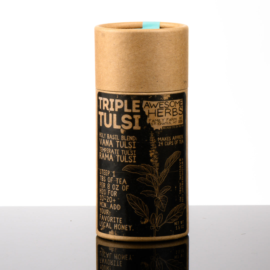 Awesome Herbs's Montana-grown loose leaf Triple Tulsi herbal tea (tisane) in a brown Kraft tube--the perfect gift for a tea lover.