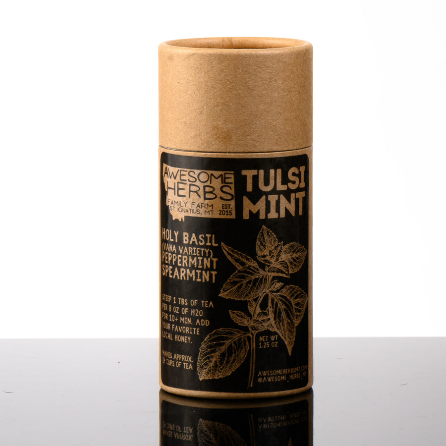 Awesome Herbs's Montana-grown loose leaf Tulsi Mint herbal tea (tisane) in a brown Kraft tube--the perfect gift for a tea lover.