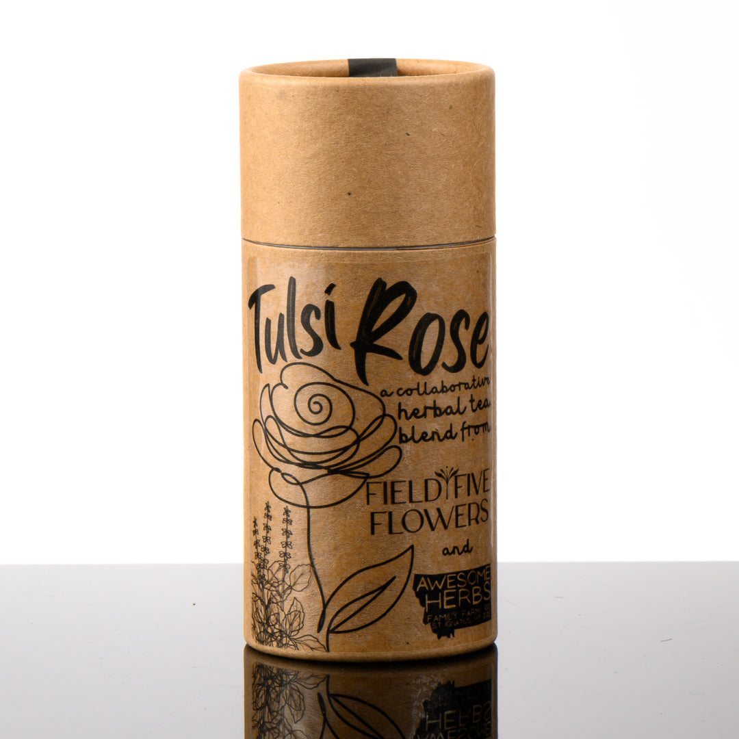 Awesome Herbs's Montana-grown loose leaf Tulsi Rose herbal tea (tisane) in a brown Kraft tube--the perfect gift for a tea lover.