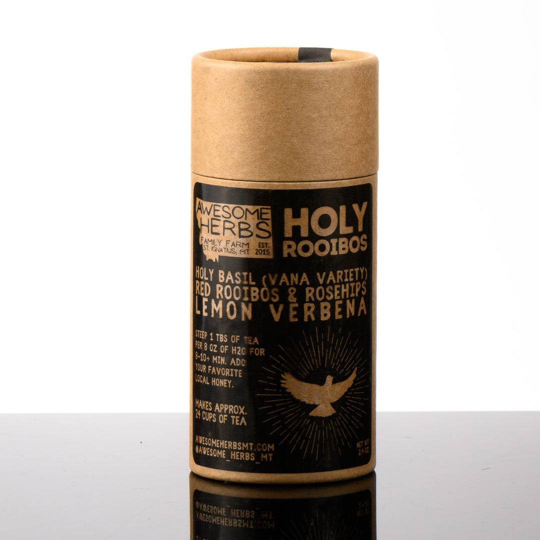 Awesome Herbs's Montana-grown loose leaf Holy Rooibos herbal tea (tisane) in a brown Kraft tube--the perfect gift for a tea lover.