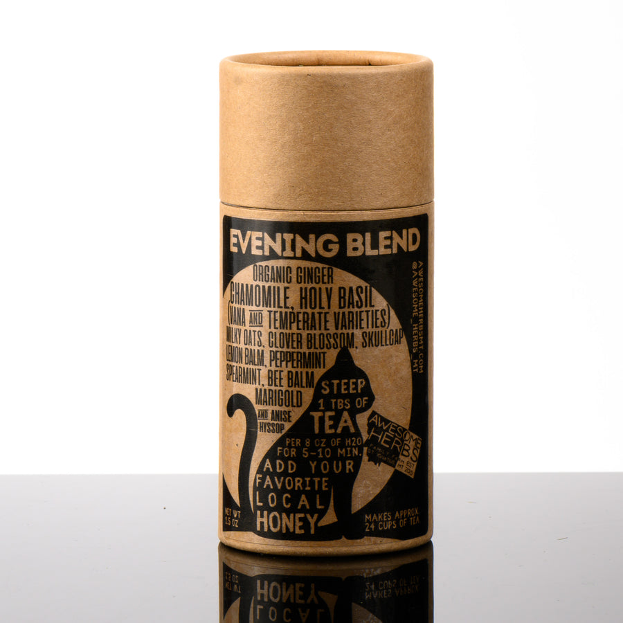 Awesome Herbs's Montana-grown loose leaf Evening Blend herbal tea (tisane) in a brown Kraft tube--the perfect gift for a tea lover.