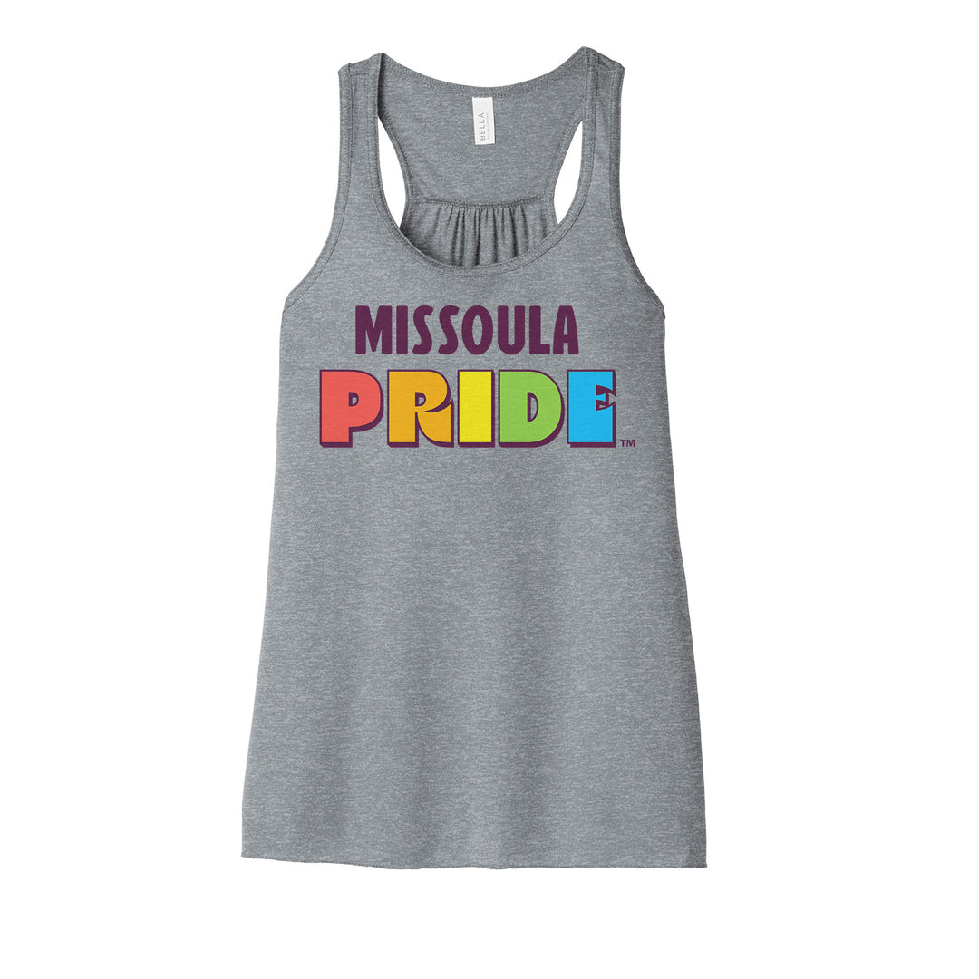 Grey racerback tank top featuring the Missoula PRIDE logo