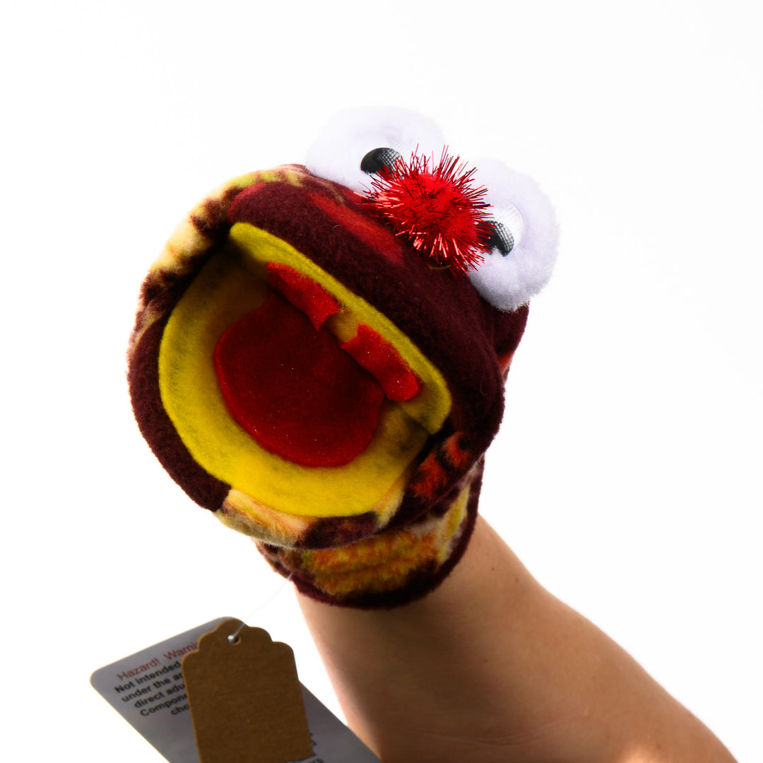 Handmade fleece hand puppet, maroon and yellow Taddy Wonkers (front), a made in Montana gift for kids and imaginative adults