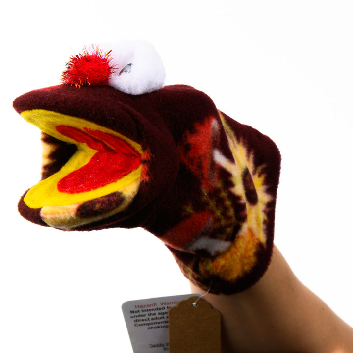 Handmade fleece hand puppet, maroon and yellow Taddy Wonkers (side), a made in Montana gift for kids and imaginative adults