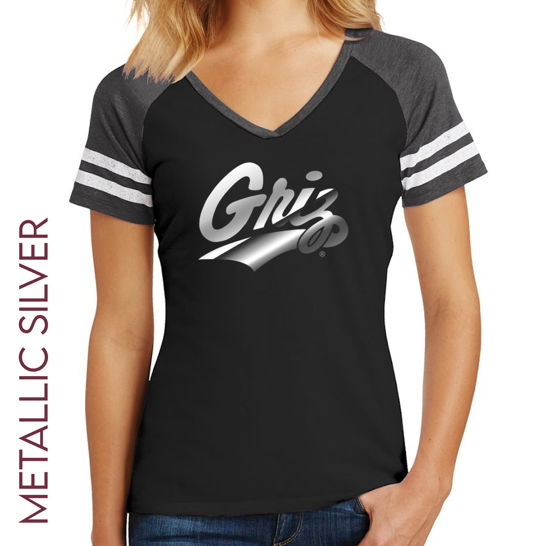 Blue Peak Creative's grey, black, and white Ladies' Raglan Short Sleeve V-neck T-shirt with the Griz Script design in metallic silver