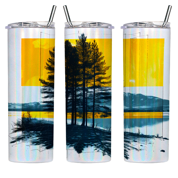 A picture of three sides of the 20oz trees shimmer tumbler showing the art from three angles. The art features pine tree silhouettes with a lake and mountains in the background. Artistick orange blocks accent the art.