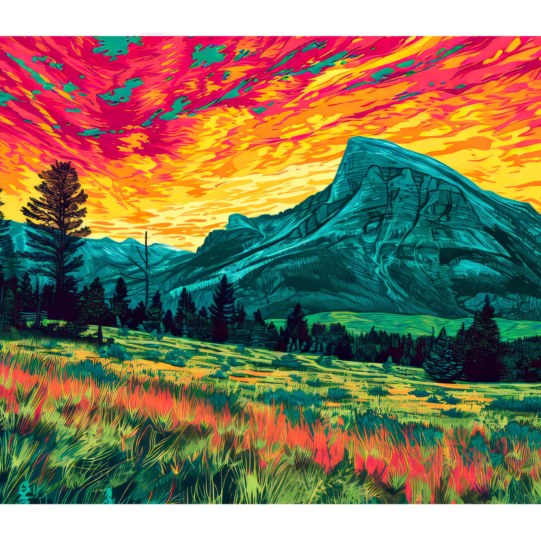 The art is a stunning sunset over a mountain and a field dotted with wildflowers.