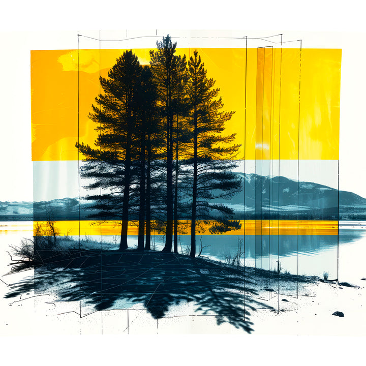 This is a square image of the tree block art printed on the shimmer tumblers. This art features pine tree silhouettes with a lake and mountain in the background and artistic yellow blocks. 