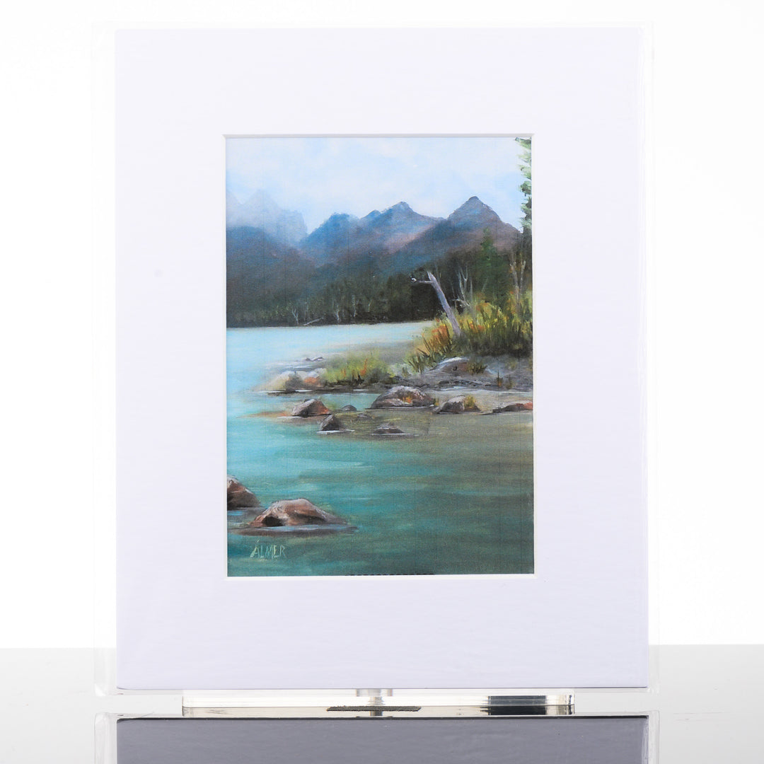 Bowman Lake Matted Print, by Stark Mountain Studio - 5x7 print of a Bobbe Almer watercolor painting in a 8x10 mat--perfect Montana-made gift for art-lovers