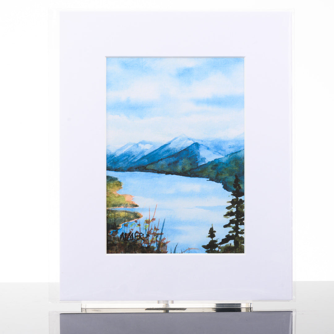 Lake McDonald Overlook Matted Print, by Stark Mountain Studio - 5x7 print of a Bobbe Almer watercolor painting in a 8x10 mat--a perfect Montana-made gift for art lovers