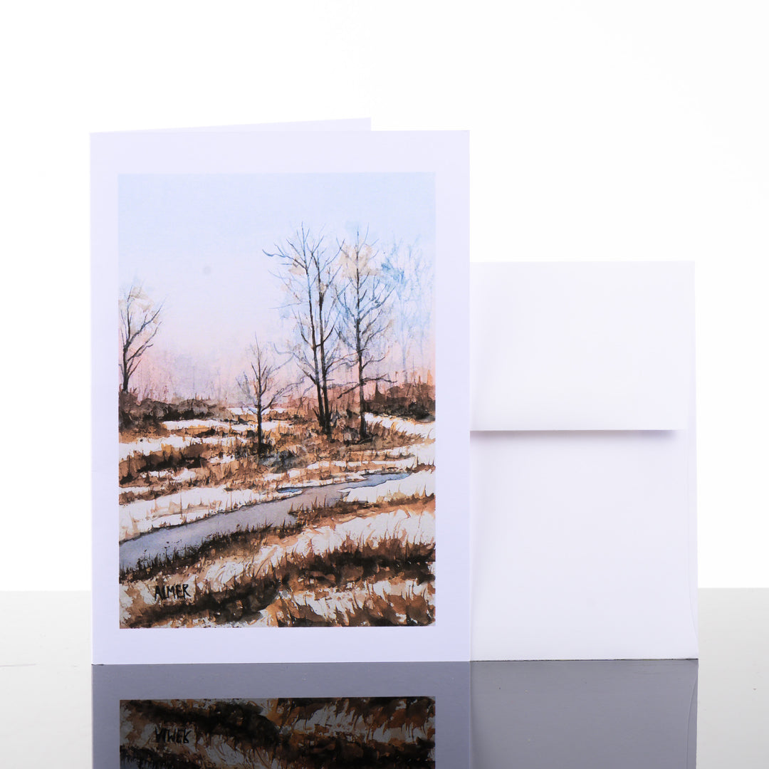 Marching Toward Spring Greeting Card, by Stark Mountain Studio - 5x7 blank greeting card of a Bobbe Almer watercolor painting with envelope that can accompany a gift for the nature lover in your life.