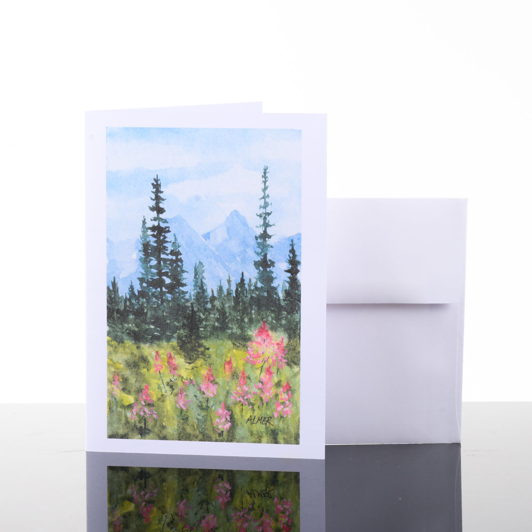 Mountain Fireweed Greeting Card, by Stark Mountain Studio - 5x7 blank greeting card of a Bobbe Almer watercolor painting with envelope that can accompany a gift for the nature lover in your life.