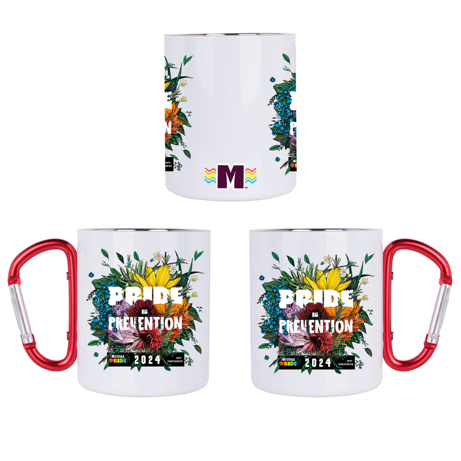 White stainless steel mug with red carabiner handle featuring the 2024 Missoula PRIDE 'Pride is Prevention' design