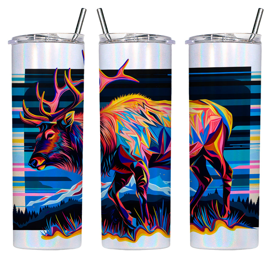 A 20oz rainbow shimmer tumbler showing three sides of the art printed on it's surface. The art is of a colorful geometric elk with mountains and vibrant colors in the background.