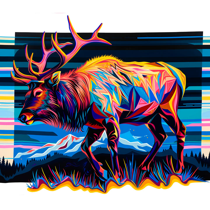 The art is of a colorful geometric elk with mountains and vibrant colors in the background.