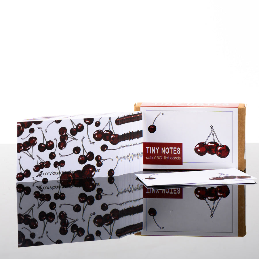 This 50 pack of tiny note cards features a cute cherry design by Corvidae Drawing & Design.