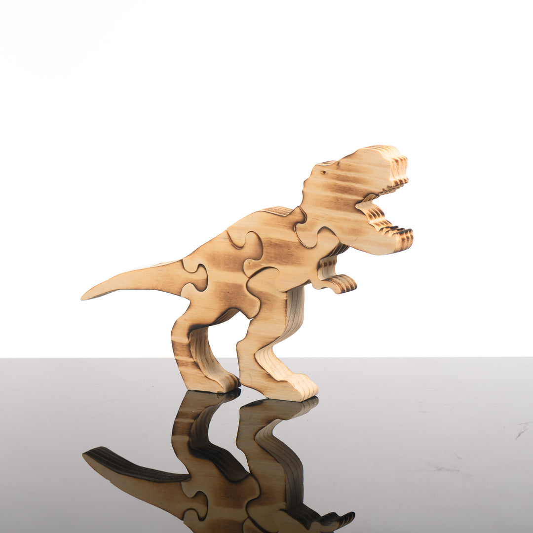 This handmade 5 pice kid's puzzle is a wooden T-rex.