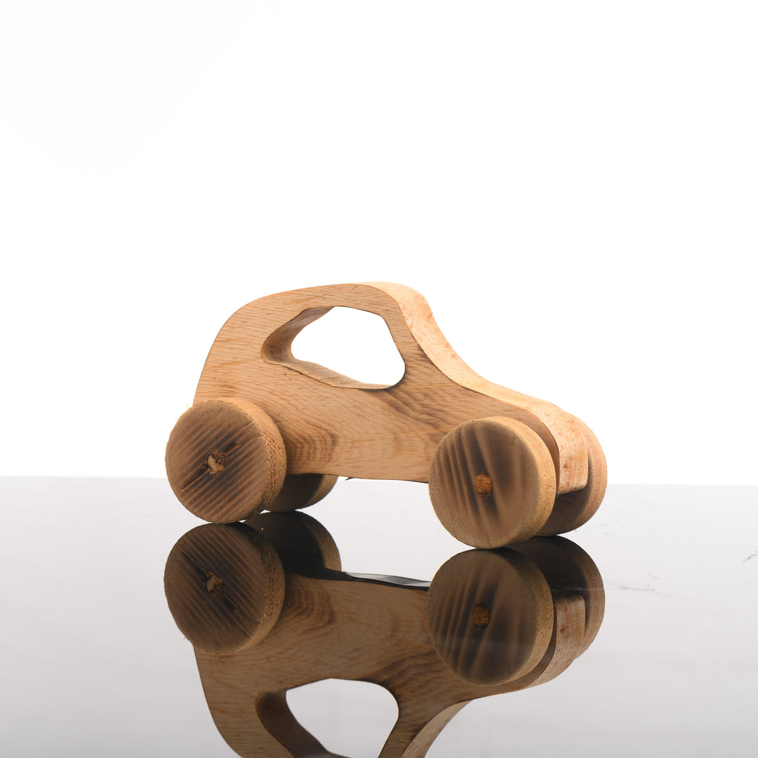 This rustic kid's toy is a wooden car in a minimalistic representation of a coupe.