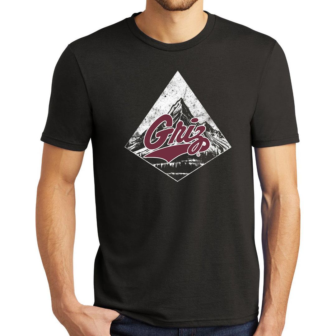 Blue Peak Creative's Black Tri-blend Crew T-shirt with the Diamond Mountain Griz design, front