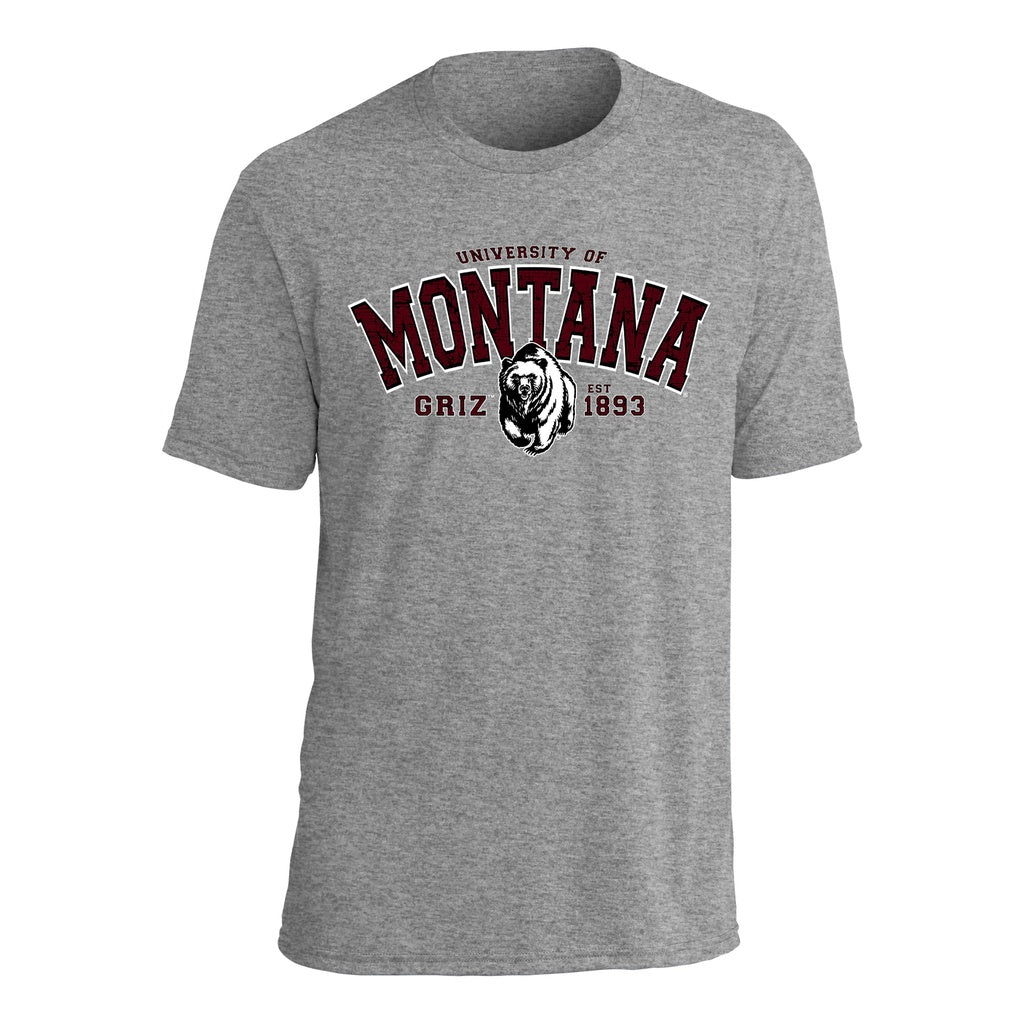 Grey unisex tri blend t-shirt with the University of Montana Charging Grizzlies design, by Blue Peak Creative