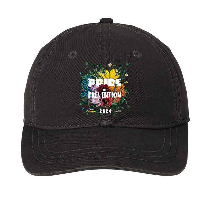 Black vintage washed unstructured hat featuring the 2024 Missoula PRIDE design Pride is Prevention, front
