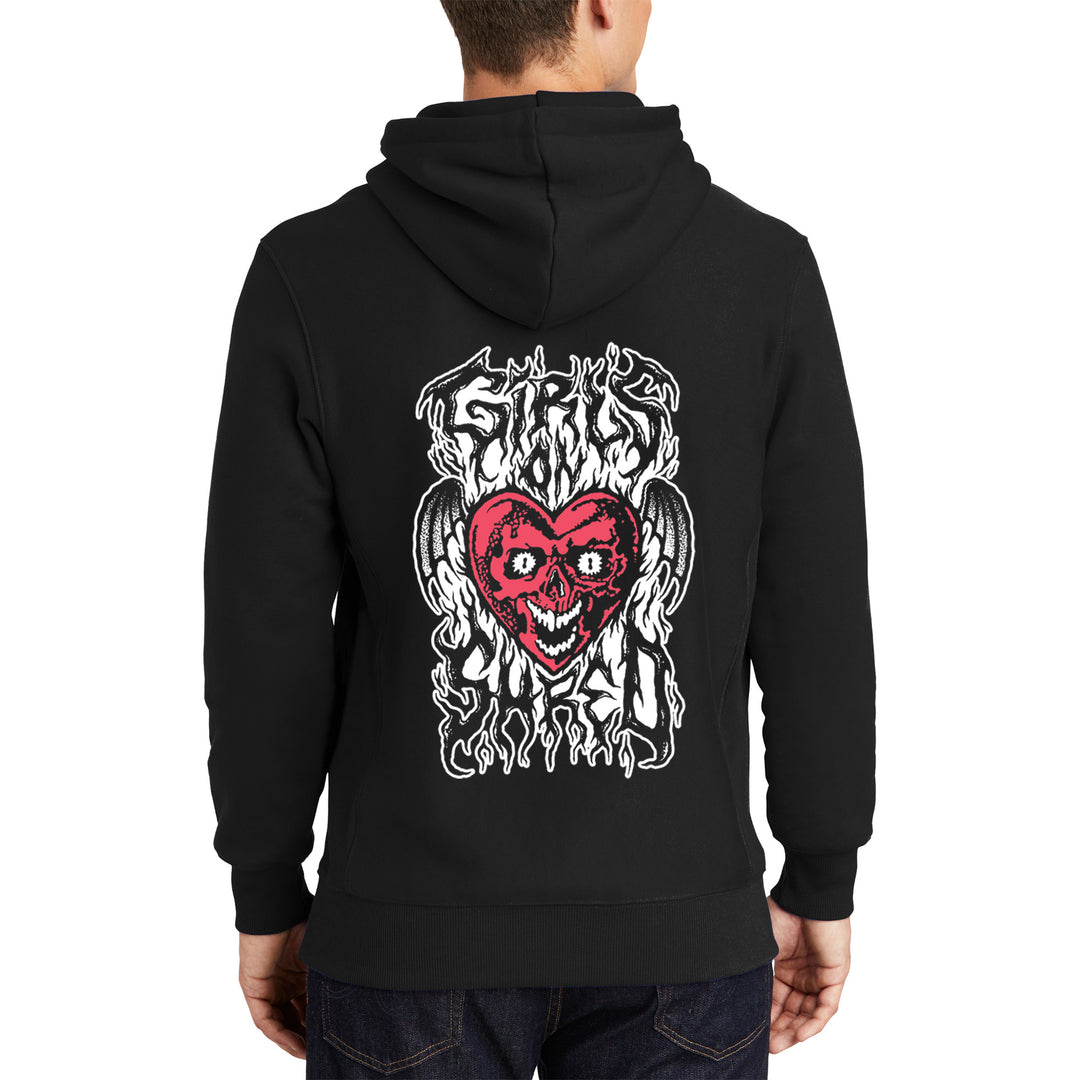 A black super heavy wieght hoodie with the Girls on Shred Metal Heart logo screen printed on the back made in Montana.