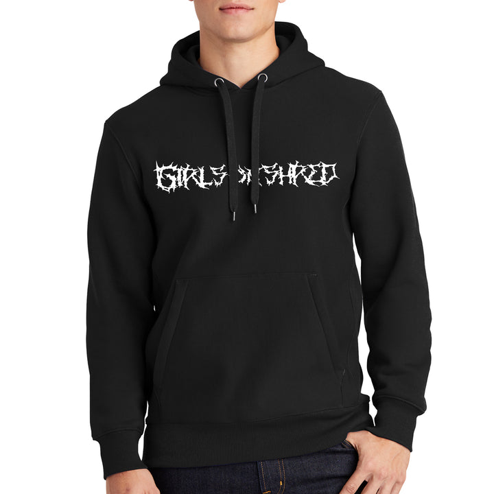 A black super heavy wieght hoodie with the Girls on Shred Metal text made in Montana.