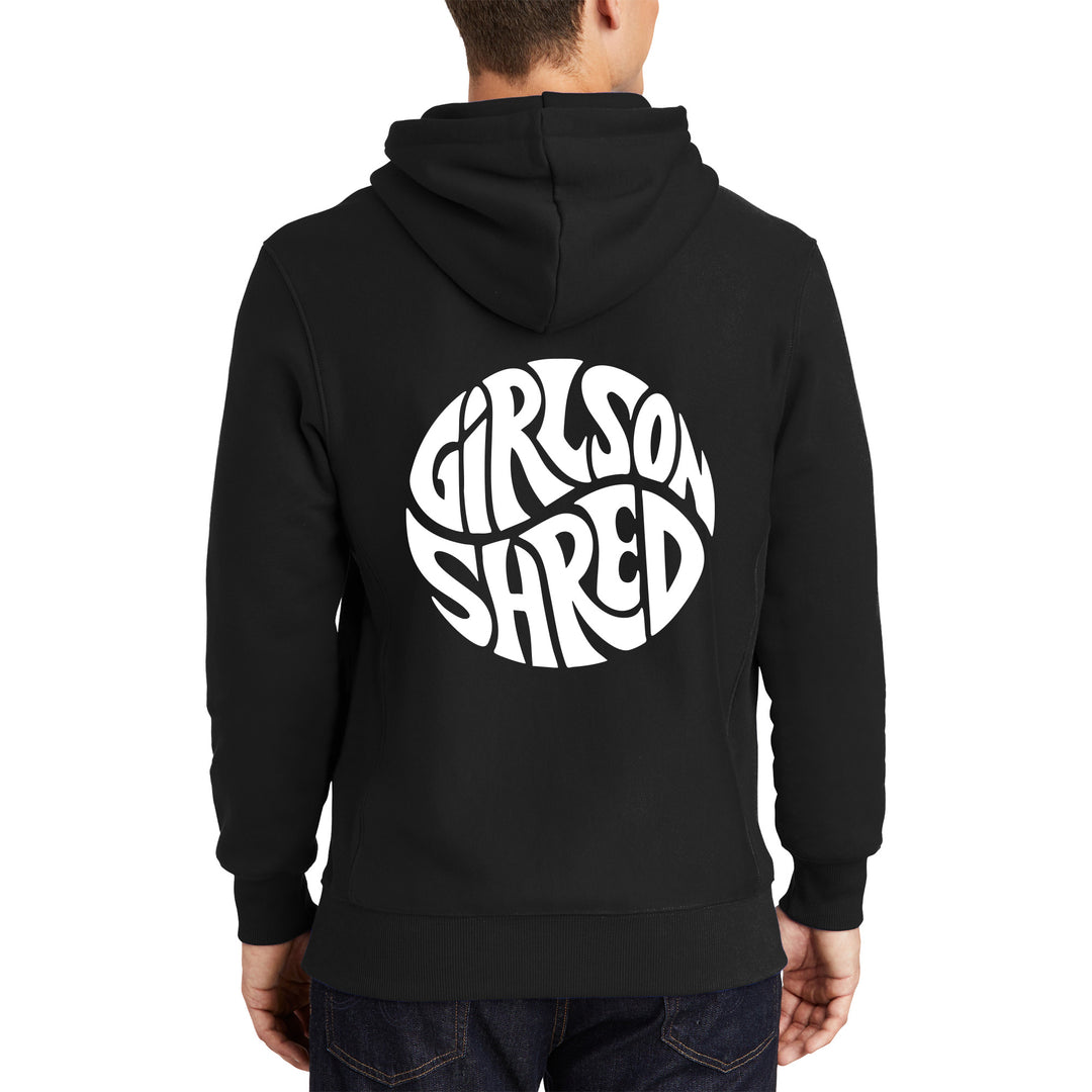 A black heavyweight hoodie with the Girls on Shred Ying Yang logo screen printed in Montana on the back.