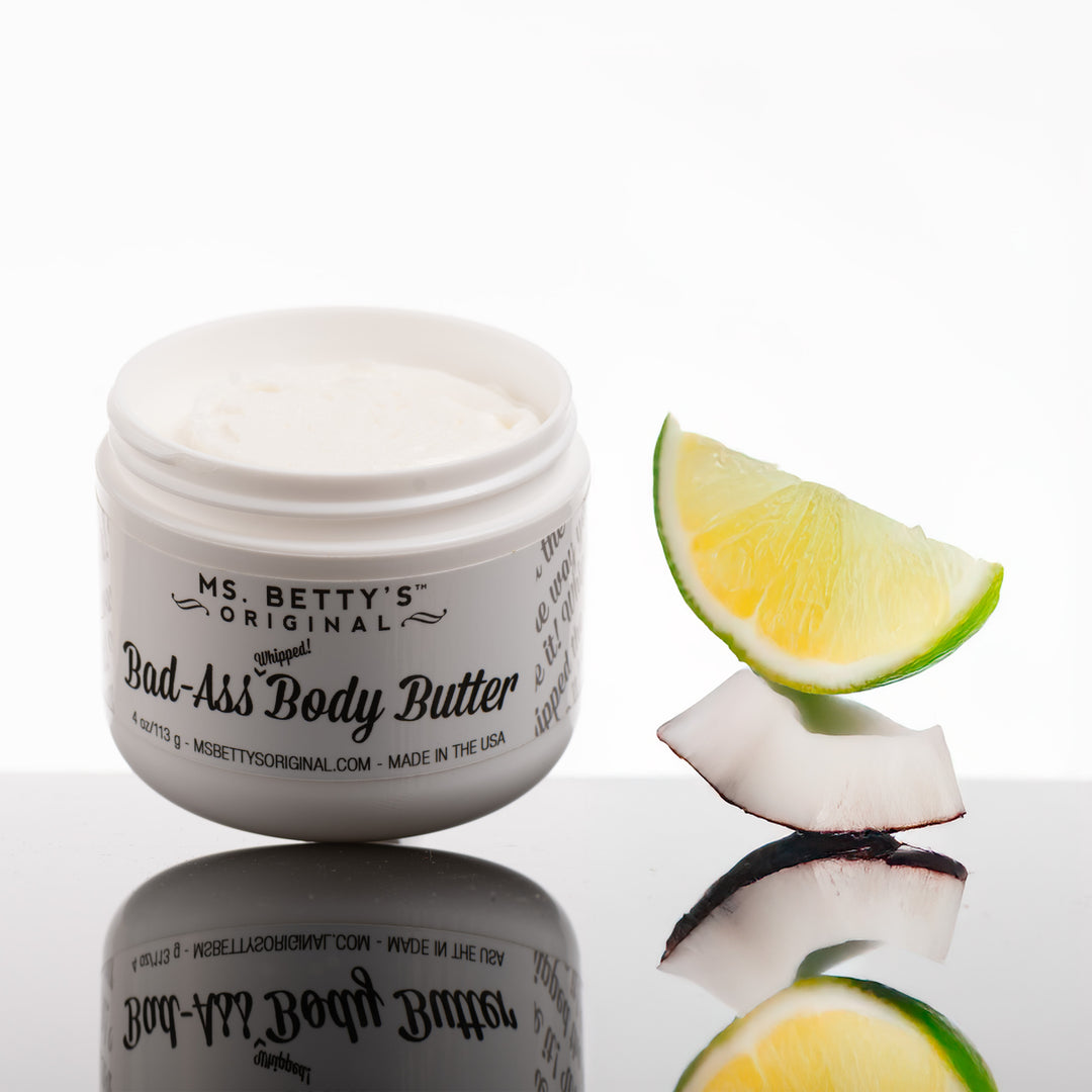 A jar of Montana Made bad-ass whipped body butter in the scent Coconut Lime.