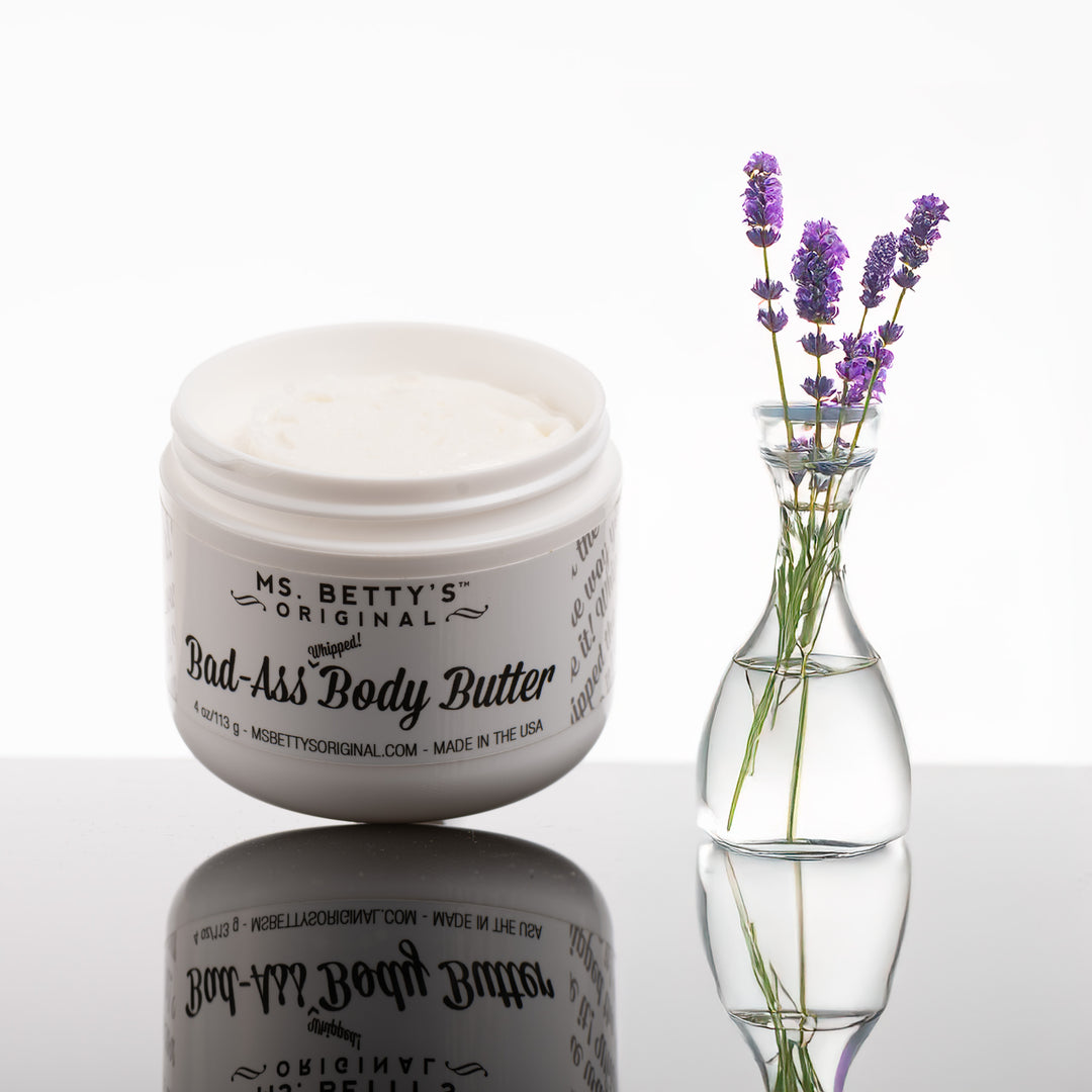 A jar of Montana Made bad-ass whipped body butter in the scent Lavender White Tea.