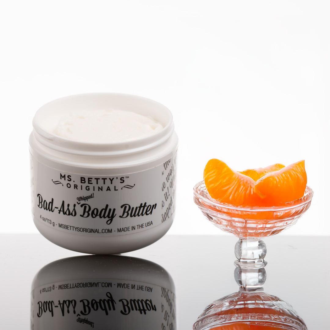 A jar of Montana Made bad-ass whipped body butter in the scent Mandarin champagne.