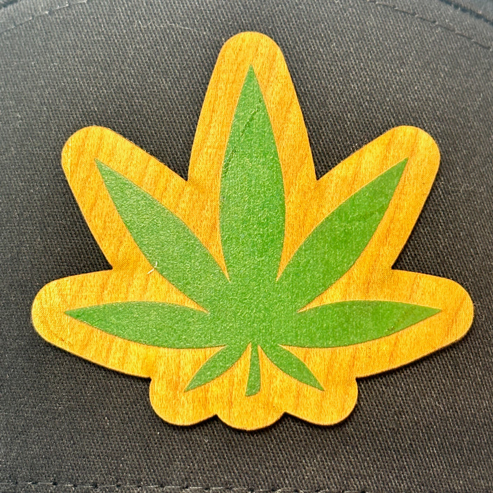 Hemp Leaf Flexwood Patch Black Flat Bill Trucker Hat