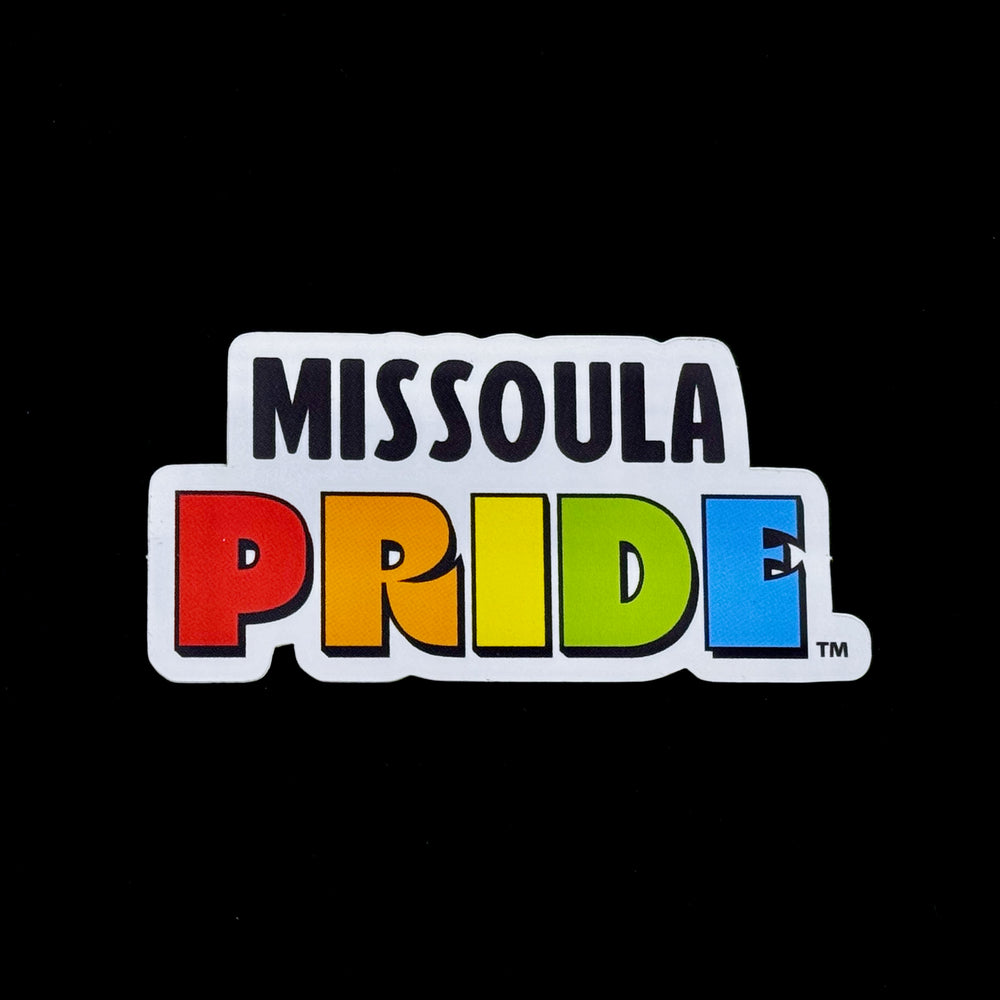 Single Missoula PRIDE sticker with "PRIDE" in rainbow tones on a white background