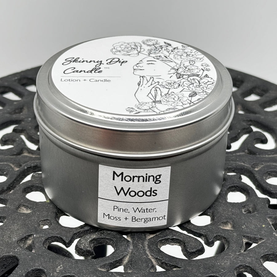 4 oz. tin of Skinny Dip Candle's Morning Woods Lotion Candle, front