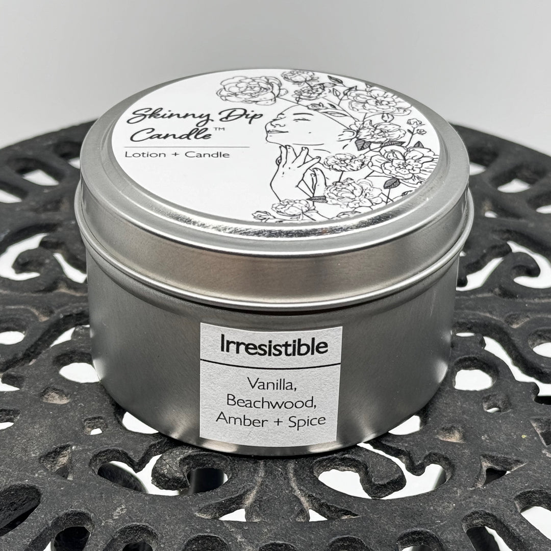 4 oz. tin of Skinny Dip Candle's Irresistible Lotion Candle, front